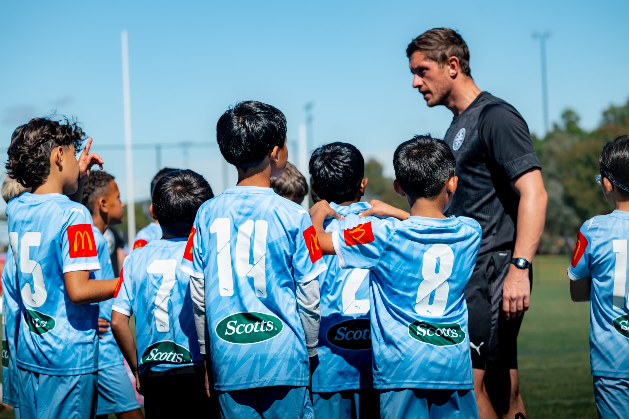 Coach-led football training session with young players.