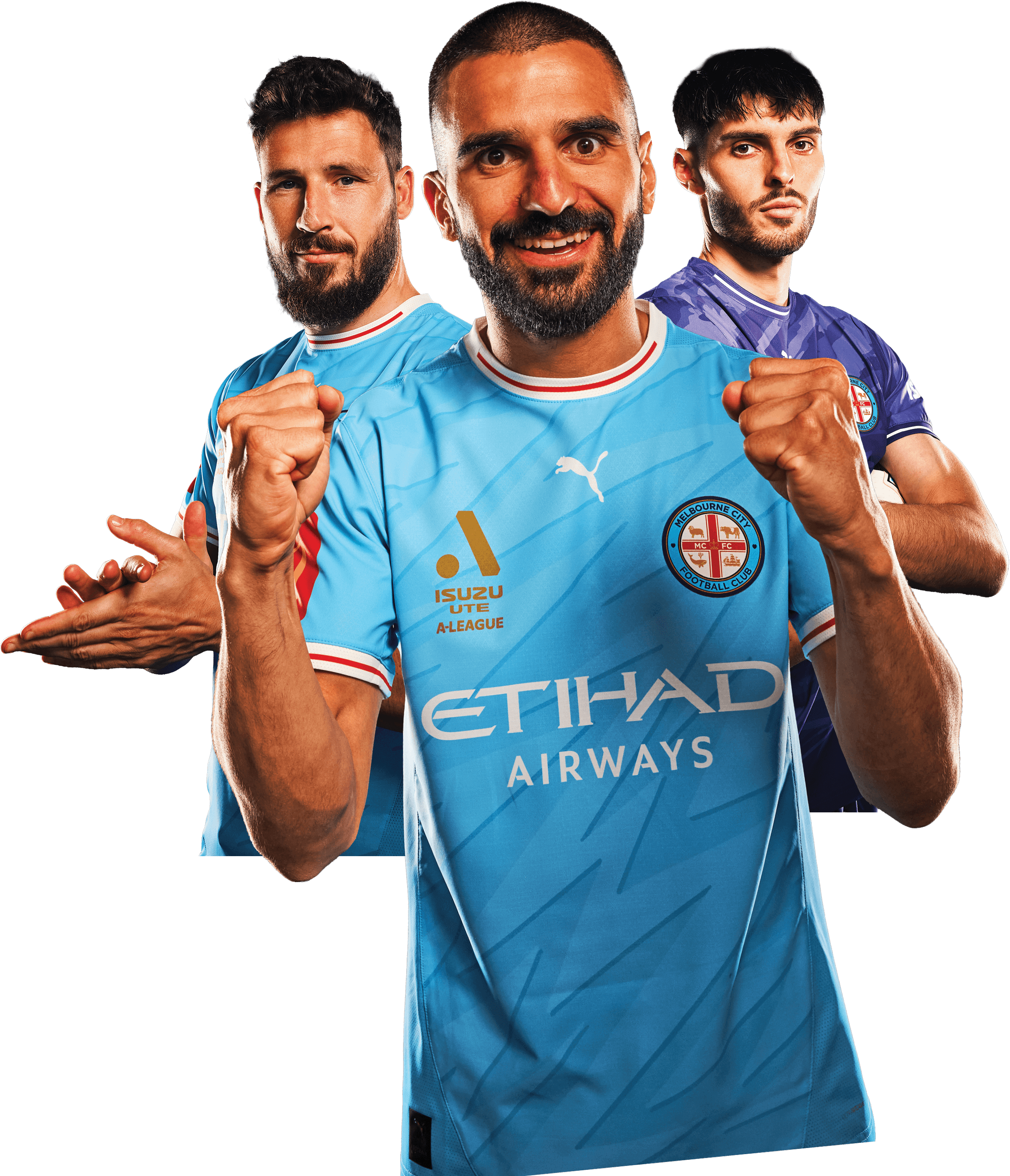 Aziz Behich, Mat Leckie and Patrick Beach in Melbourne City kit.