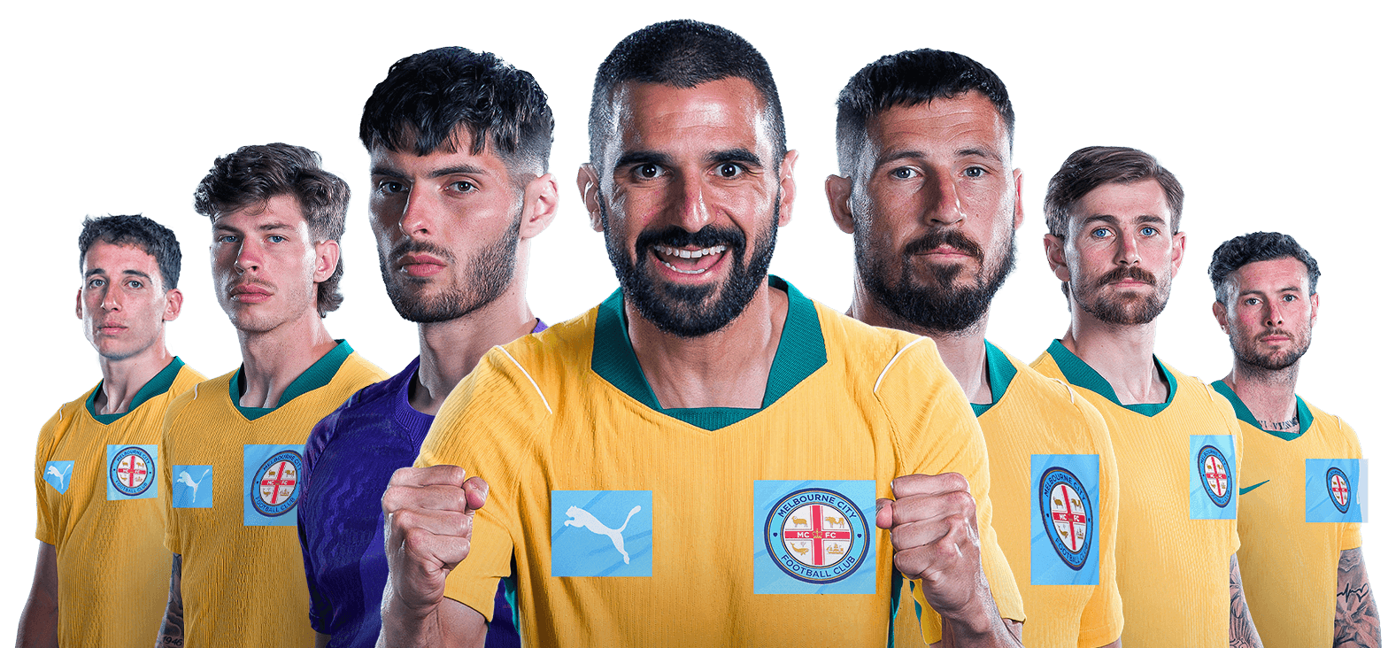 Seven current and former Melbourne City players in Socceroos kit.